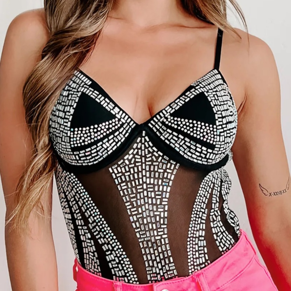 Black Mesh Rhinestone Bodysuit